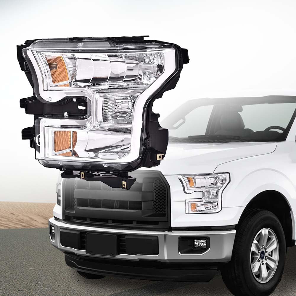G-PLUS Headlight Compatible with Ford F150 2015-2017 Headlamps Left Driver Side Clear Lens Chrome Housing Amber Reflector,faros delanteros