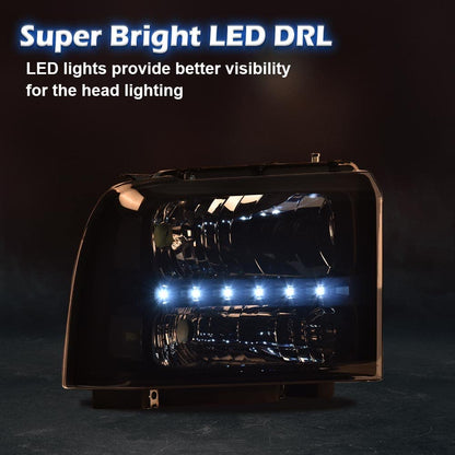 G-PLUS Smoked LED DRL headlights, Compatible with 2005 2006 2007 Ford F250 F350 F450 F550 Super Duty Bumper Headlamps, Smoky Lens Black Housing Clear Reflector 6C3Z13008AB,faros delanteros