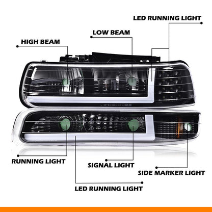 G-PLUS LED DRL Headlights, Compatible with 1999 2000 2001 200 2003 2004 2005 2006 Silverado/Suburban Bumper Headlamps, Clear Lens Black Housing Amber Reflector