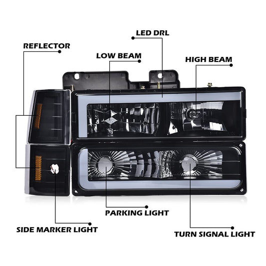 G-PLUS LED Headlights HEADLIGHTS | Fit GMC C1500 K1500 Yukon 1994-1999/HEADLIGHTS | Fit GMC C1500 C2500 K1500 K2500 Suburban 1994-1999,Bumper Headlamps Smoke Lens Black Housing Amber Reflector Left & Right,faros Assembly