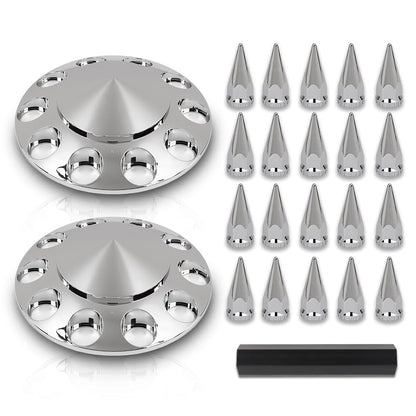 G-PLUS Front Wheel Covers Set Chrome Hub Cover 33mm Spiked Hub Axle Compatible with Semi-Truck 20",22.5" and 24.5" Wheels ABS Plastic Silver Pair