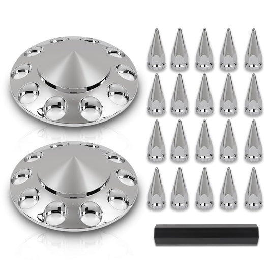 G-PLUS Front Wheel Covers Set Chrome Hub Cover 33mm Spiked Hub Axle Compatible with Semi-Truck 20",22.5" and 24.5" Wheels ABS Plastic Silver Pair