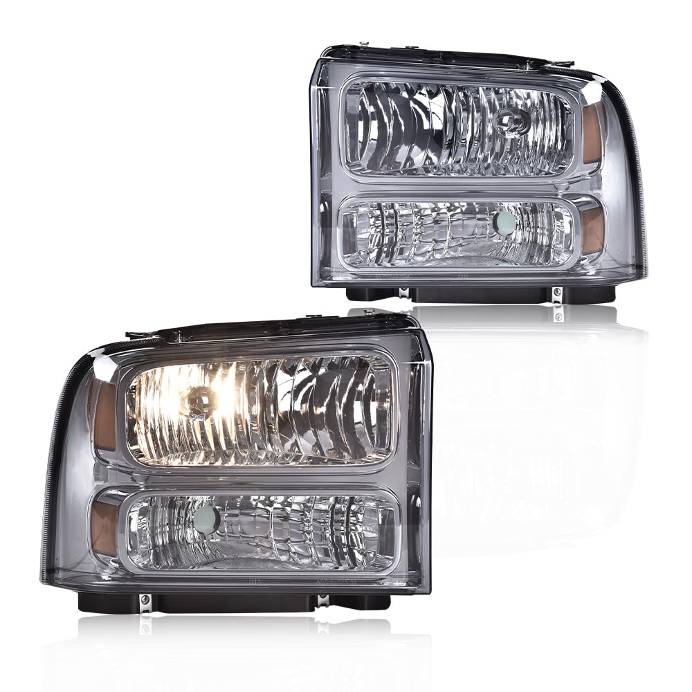 G-PLUS Headlights Assembly, Compatible with 99-04 Ford F250 F350 F450 F550 Super Duty/00-04 Ford Excursion Bumper Headlamps, Smoky Lens Chrome Housing Amber Reflector