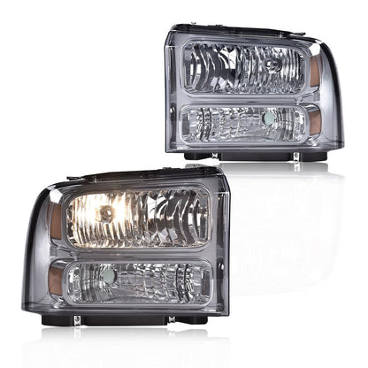G-PLUS Headlights Assembly, Compatible with 99-04 Ford F250 F350 F450 F550 Super Duty/00-04 Ford Excursion Bumper Headlamps, Smoky Lens Chrome Housing Amber Reflector