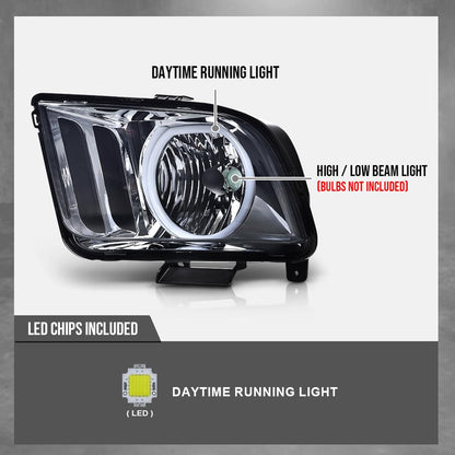 G-PLUS LED DRL Headlights, Compatible with Ford Mustang 2005-2009/Not Fit Factory Xenon HID Model Bumper Headlamp, Smoky lens Chrome Housing Amber Reflector Left & Right