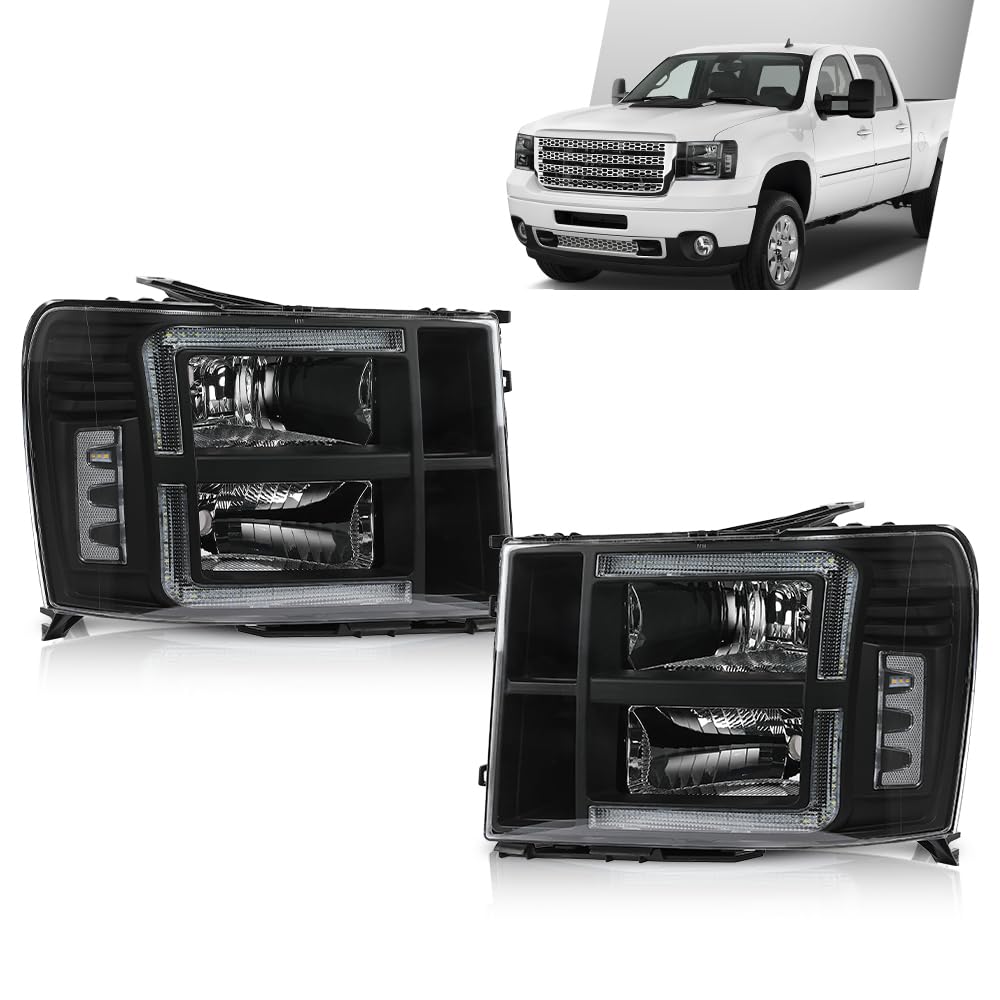G-PLUS LED Headlights Assembly Front Headlamps Left+Right Fit GMC Sierra 1500 2007-2013, Fit GMC Sierra 2500HD 3500HD 2007-2014 Clear Lens Black Housing Clear Reflector 22853029,faros delanteros