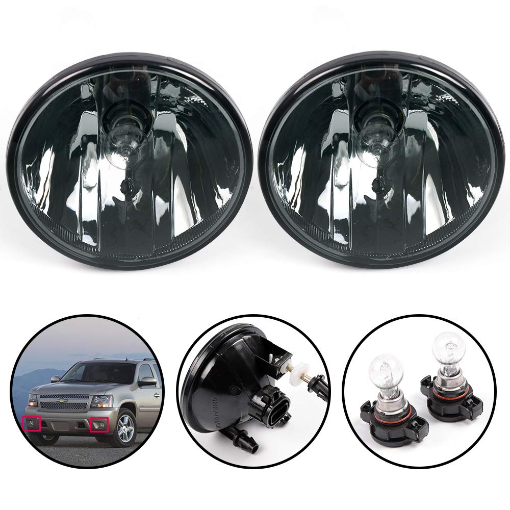 G-PLUS Bumper Fog Lights w/Bulbs Compatible With 2007-2014 GMC Acadia Yukon Pontiac/Chevy Avalanche Camaro Suburban Tahoe, Driving Lamps Pair,Smoky Lens Black Housing