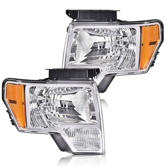 G-PLUS Headlights Assembly Compatible with Ford F150 2009-2014 Pair Left & Right Headlamps Assembly, Clear Lens Chrome Housing Amber Reflector, faros delanteros, DL3Z13008A DL3Z13008B