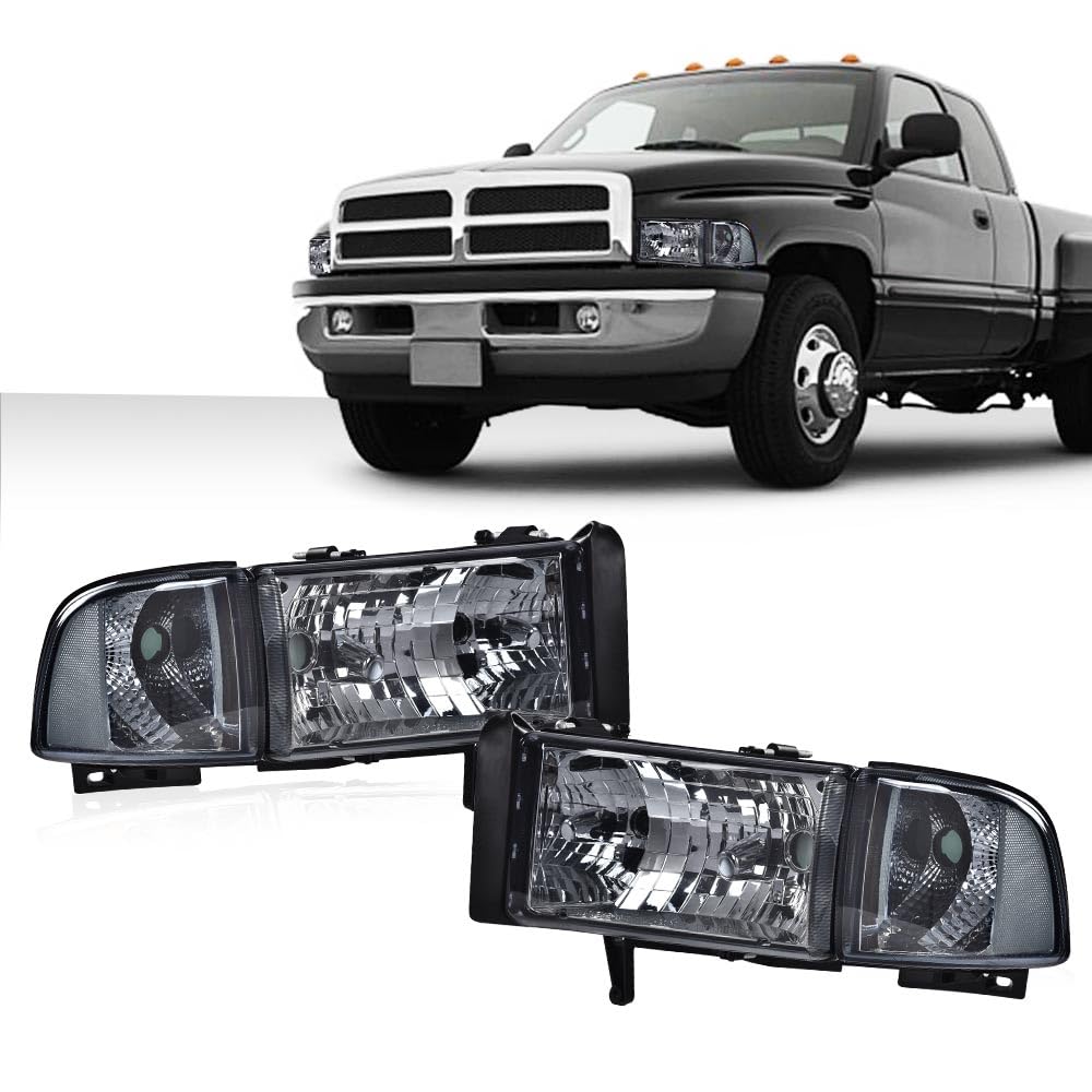 G-PLUS Headlights Fit Dodge Ram 1500 1994-2001/Fit Dodge Ram 2500 3500 1994-2002,Not fit Ram Sport,Headlamps w/o Bulbs Smoky Lens Chrome Housing Clear Reflector,faros delanteros Assembly