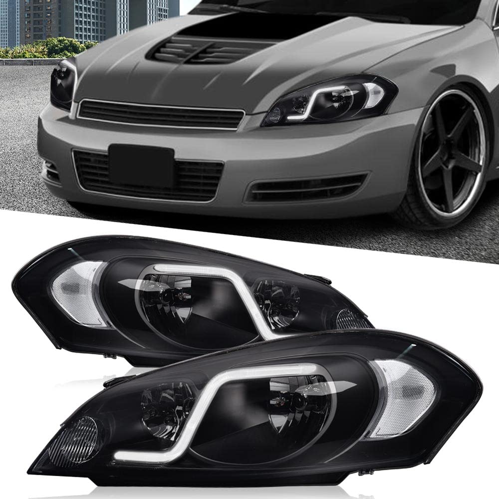 G-PLUS LED Headlights Assembly Fit Chevy Monte Carlo 2006 2007/Chevy Impala 2006-2013/Chevy Impala Limited 2014-2016 DRL Corner Headlamps Smoky Lens Black Housing Clear Reflector,faros delanteros