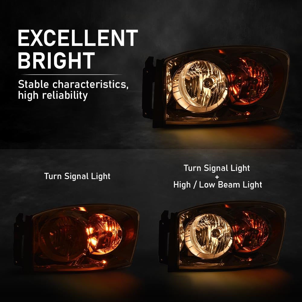 G-PLUS Headlights w/Bulbs Left Driver Side Compatible with Dodge Ram 1500 2006-2008/HEADLIGHTS | Fit Dodge Ram 2500 3500 2006-2009,Clear Lens Chrome Housing Amber Reflector Bumper Headlamps,faros Assembly