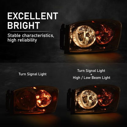 G-PLUS Headlights w/Bulbs Left Driver Side Compatible with Dodge Ram 1500 2006-2008/HEADLIGHTS | Fit Dodge Ram 2500 3500 2006-2009,Clear Lens Chrome Housing Amber Reflector Bumper Headlamps,faros Assembly