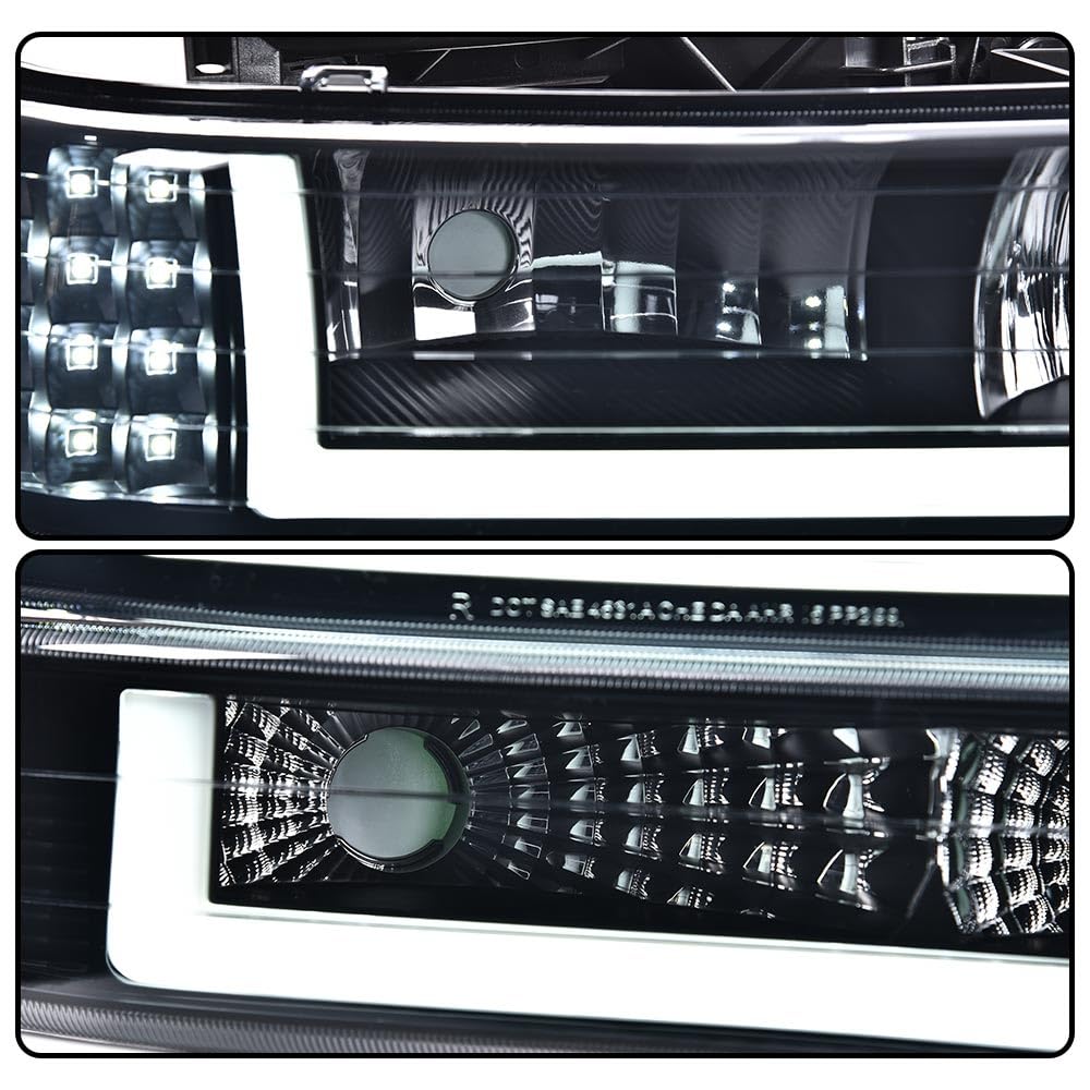 G-PLUS LED DRL Headlights Assembly Fit Chevy Silverado 1500 2500 & HD 3500 1999-2002/Fit Chevy Suburban/Tahoe 2000-2006 Bumper Headlamps,Smoky Lens Black Housing Clear Reflector,faros delanteros