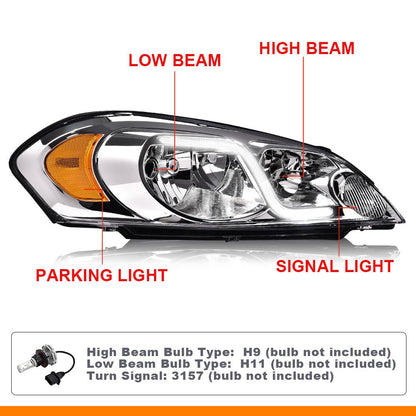G-PLUS LED Headlights Assembly Fit Chevy Monte Carlo 2006 2007/Chevy Impala 2006-2013/Chevy Impala Limited 2014-2016 DRL Corner Headlamps Clear Lens Chrome Housing Amber Reflector,faros delanteros