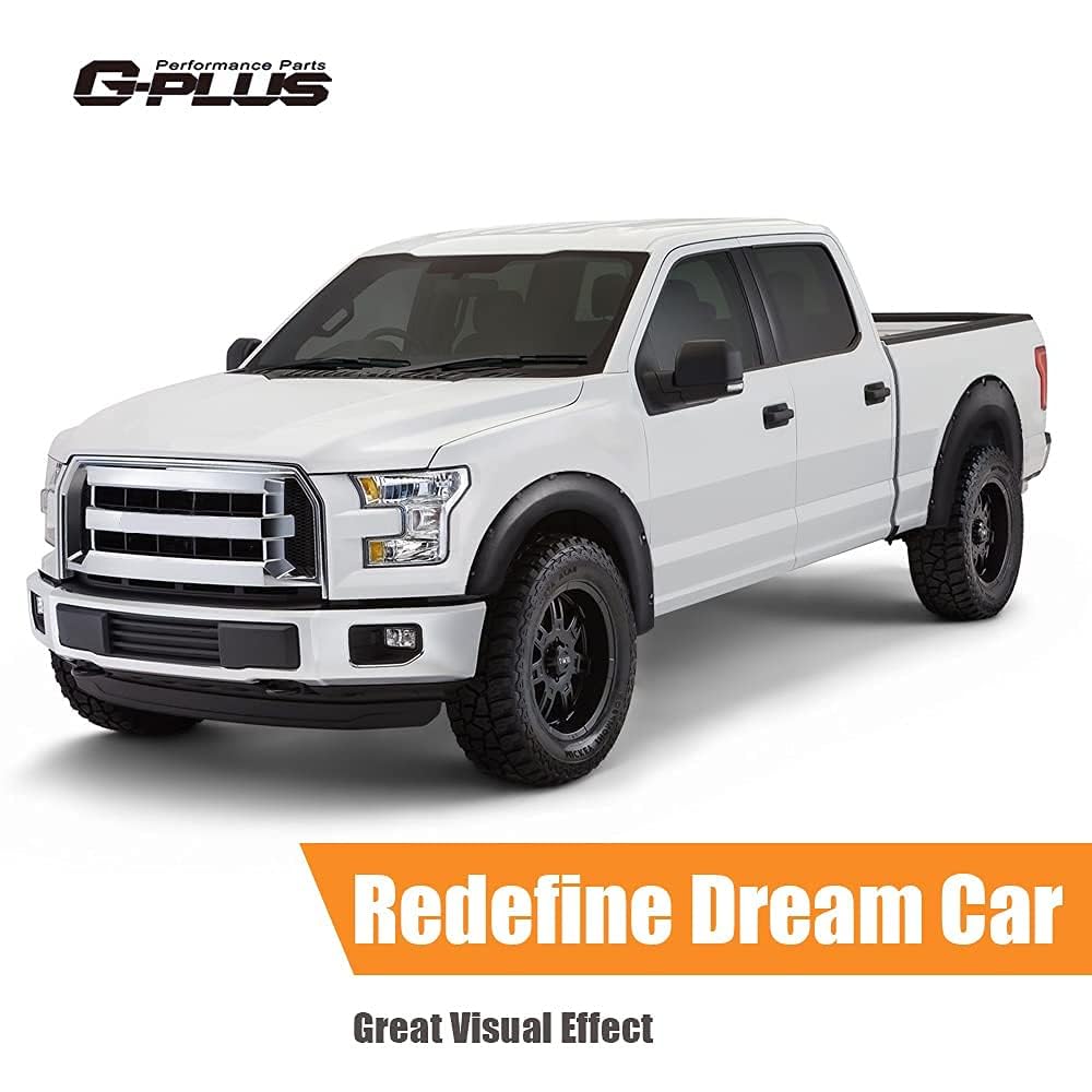 G-PLUS 4PCS Fender Flares Fit Ford F150 2015-2017 Styleside Models Only with 67.0" 78.8" 97.4" Bed (Not Fit w/68t Technology Package/Sensors for Lane Changing), Textured Riveted Style