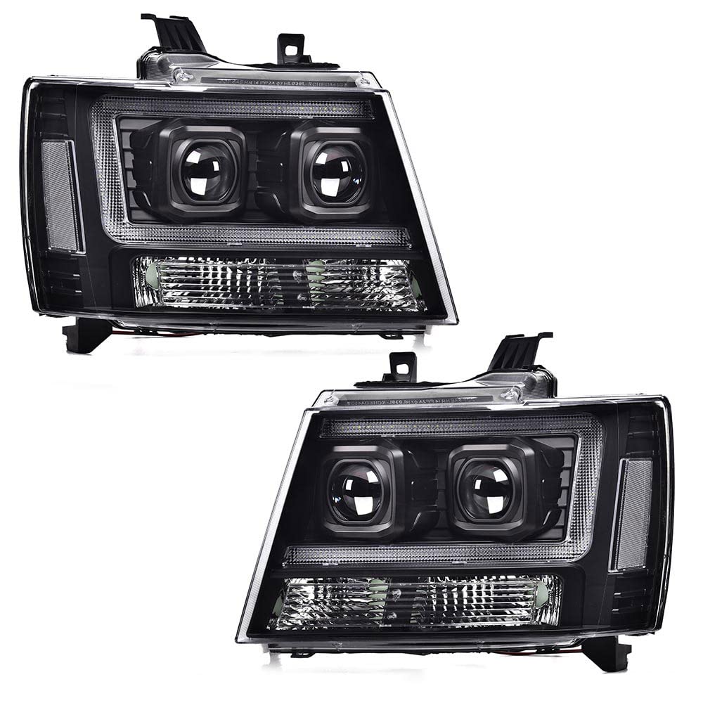 G-PLUS LED Tube Dual Projector Headlights, Compatible with 2007-2014 Chevy Tahoe/Suburban Bumper Headlamps Assembly, Clear Lens Black Housing Clear Reflector,faros delanteros