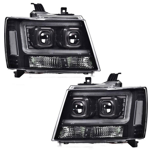 G-PLUS LED Tube Dual Projector Headlights, Compatible with 2007-2014 Chevy Tahoe/Suburban Bumper Headlamps Assembly, Clear Lens Black Housing Clear Reflector,faros delanteros