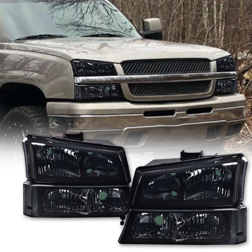 G-PLUS Headlights Assembly Compatible with Chevy Avalanche Silverado 1500 2500 HD 3500 2003-2006,Smoky Lens Black Housing Clear ReflectorBumper Headlamps,faros delanteros
