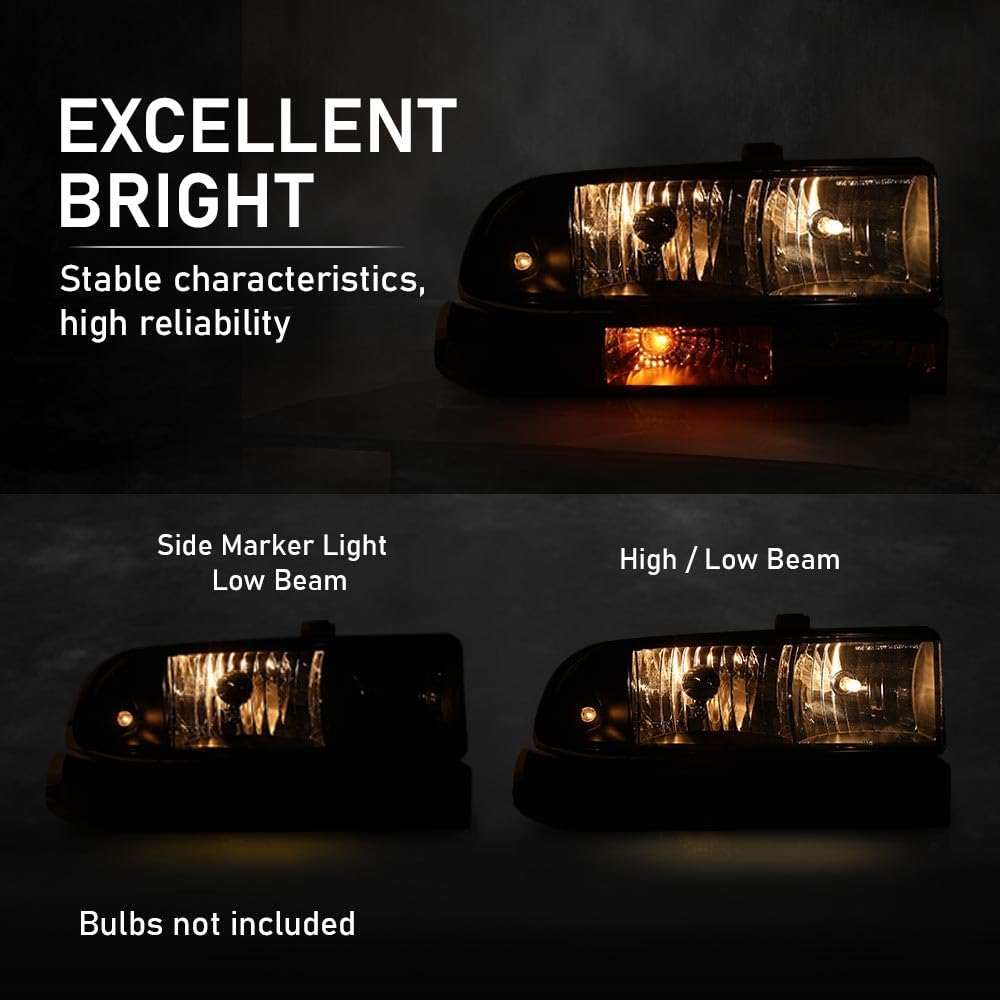 G-PLUS Headlights Corner Bumper Turn Signal w/o Bulbs Fit Chevy Blazer 1998-2005/Fit Chevy S10 Pickup 1998-2004 Smoke Lens Black Housing Clear Reflector Bumper Headlamps,faros delanteros Assembly