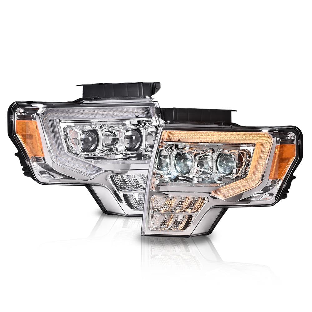 G-PLUS Headlights LED DRL Compatible with Ford F150 2009-2014 Headlamps Pair Left & Right Tube Dual Projector Clear Lens Chrome Housing Clear Reflector,faros delanteros