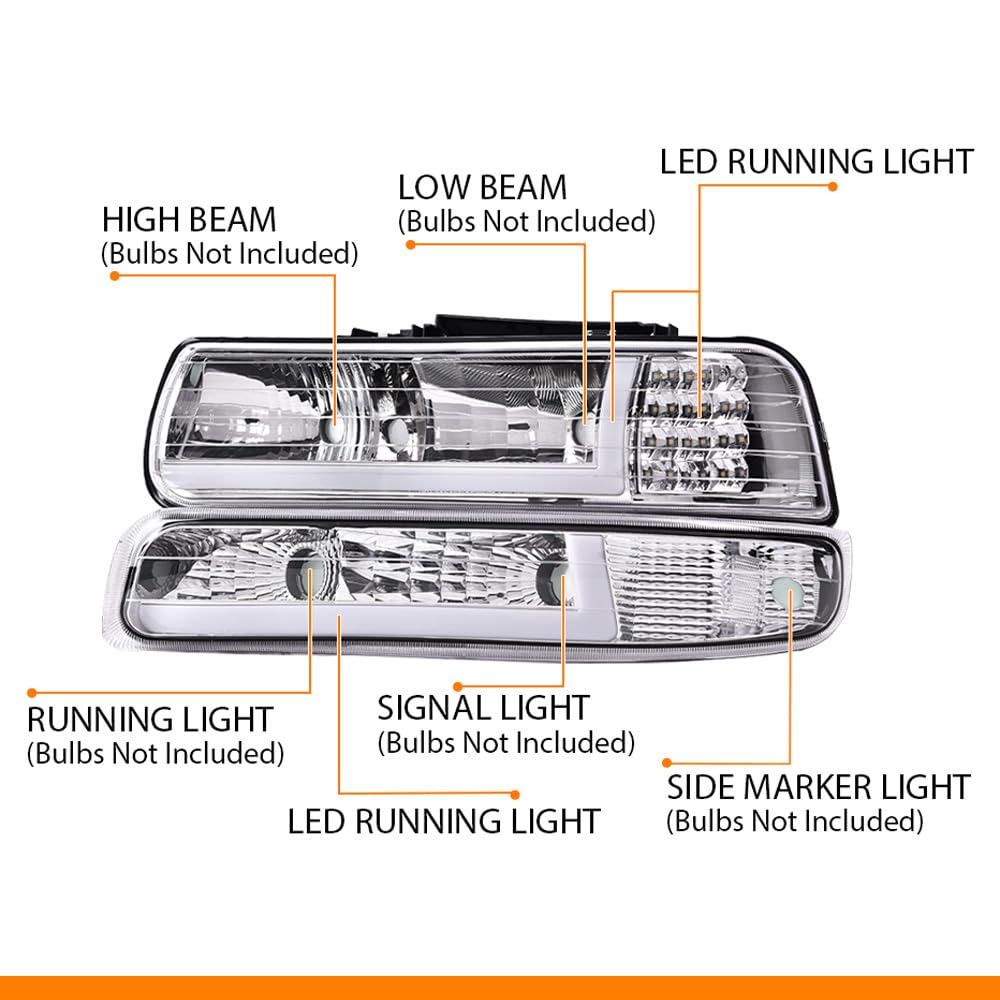 G-PLUS LED Headlights Assembly Fit Chevy Silverado 1999-2002,Fit Chevy Tahoe/Suburban 1500 2500 2000-2006,Headlamps Left & Right Clear Lens Chrome Housing Clear Reflector