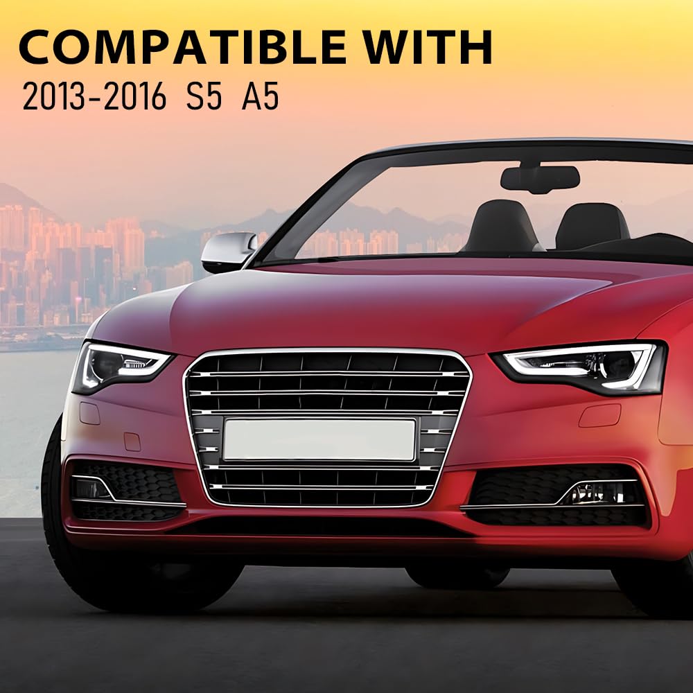 G-PLUS Front Bumper Fog Light Grille Grill Cover Black with Silver Ring Compatible with 2013-2016 Audi A5 S-Line/S5 (Facelift | LCI)/ Fit for First Generation/NOT Fit models with standard/RS bumper