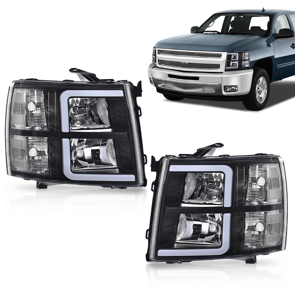 G-PLUS LED Headlights, Fit Chevy Silverado 1500 2007-2013/Fit Chevy Silverado 2500 HD 3500 HD 2007-2014 DRL Bumper Corner Headlamps W/o Bulbs Clear Lens Black Housing Clear Reflector,faros delanteros
