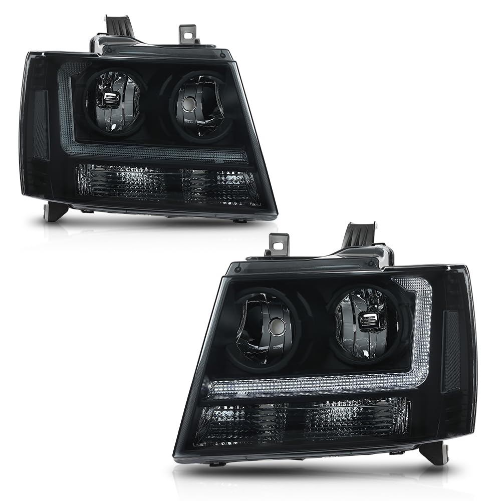 G-PLUS Headlights Assembly Projector Factory Headlamps Compatible with Chevy Tahoe Suburban 2007-2014 Smoky Lens Black Housing Clear Reflector Left & Right Bumper Head Light,faros delanteros