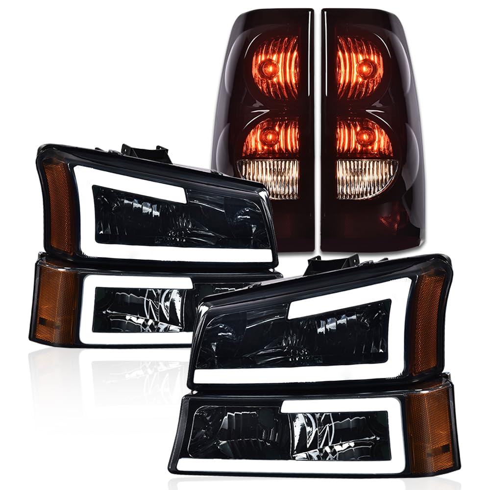 G-PLUS LED DRL Headlights Assembly + Tail Lights Fit Chevy Silverado 1500 1500 HD 2500 2500 HD 2003-2006, Smoky Lens Chrome Housing Amber Reflector Headlamps Assembly Dark Red Taillights
