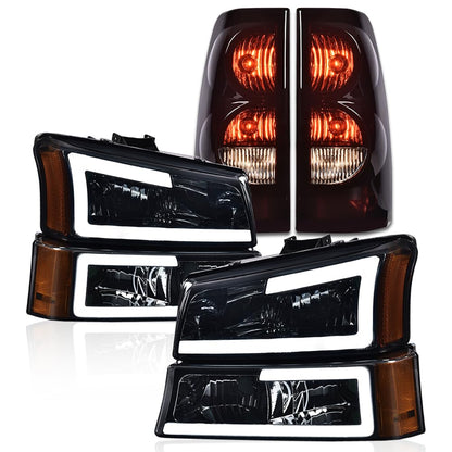 G-PLUS LED DRL Headlights Assembly + Tail Lights Fit Chevy Silverado 1500 1500 HD 2500 2500 HD 2003-2006, Smoky Lens Chrome Housing Amber Reflector Headlamps Assembly Dark Red Taillights