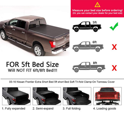 T3 Tri-Fold Truck Tonneau Cover Replacement for Nissan Frontier 2005-2021 / Suzuki Equator 2009-2014 | Fleetside 5' Bed | for Models with or Without The Utili-Track System