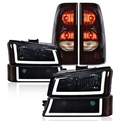 G-PLUS LED Headlights Assembly + Tail Lights Fit Chevy Silverado 1500 1500 HD 2500 2500 HD 2003-2006, Smoky Lens Black Housing Amber Reflector Headlamps Assembly Dark Red Taillights