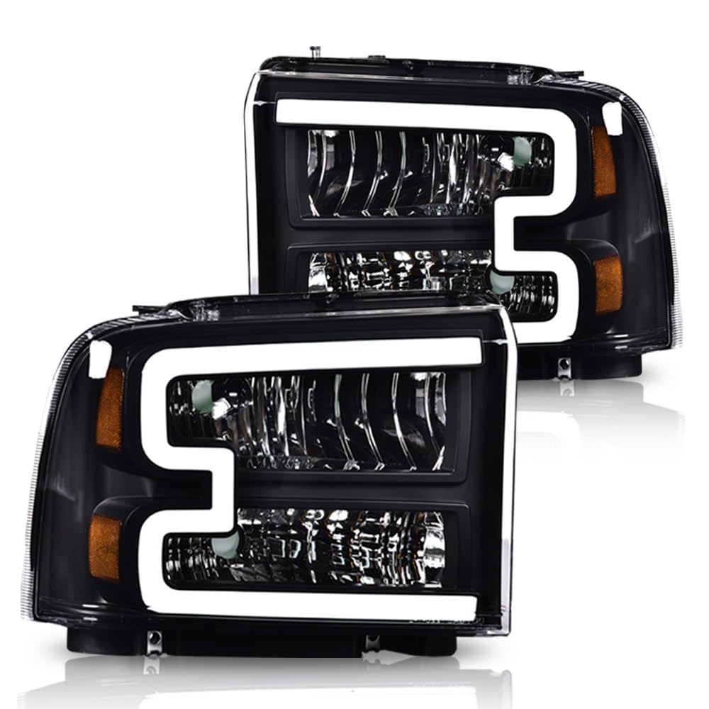 G-PLUS LED DRL Headlights Assembly Compatible with Ford F250 F350 F450 F550 Super Duty 2005-2007, Fit Ford Excursion 2005 Headlamps Assembly, Clear Lens Black Housing Amber Reflector