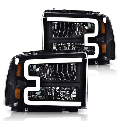 G-PLUS LED DRL Headlights Assembly Compatible with Ford F250 F350 F450 F550 Super Duty 2005-2007, Fit Ford Excursion 2005 Headlamps Assembly, Clear Lens Black Housing Amber Reflector
