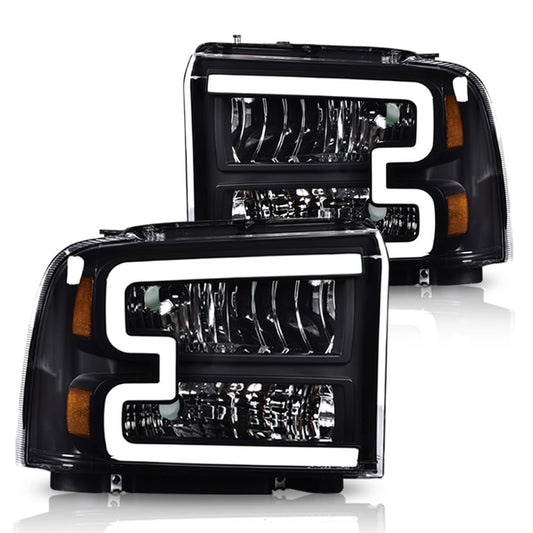G-PLUS LED DRL Headlights Assembly Compatible with Ford F250 F350 F450 F550 Super Duty 2005-2007, Fit Ford Excursion 2005 Headlamps Assembly, Clear Lens Black Housing Amber Reflector