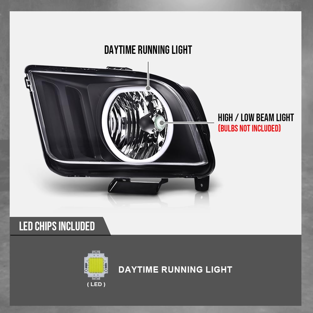 G-PLUS LED DRL Headlights, Compatible with Ford Mustang 2005 2006 2007 2008 2009 Bumper Headlamps, Clear Lens Black Housing Amber Reflector Left & Right,faros delanteros