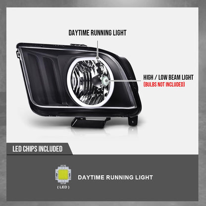 G-PLUS LED DRL Headlights, Compatible with Ford Mustang 2005 2006 2007 2008 2009 Bumper Headlamps, Clear Lens Black Housing Amber Reflector Left & Right,faros delanteros