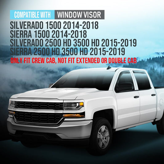G-PLUS in-Channel Auto Vent Window Visor Compatible with Chevy Silverado/GMC Sierra 1500 2014-2018 Fit Chevy Silverado/GMC Sierra 2500 HD 3500 HD 2015-2019 Only Fit Crew Cab 194536 4PCS Smoky