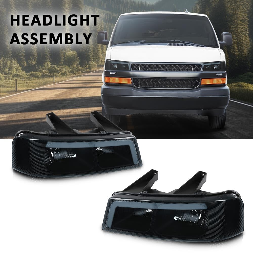 G-PLUS LED Headlights Assembly Front Headlamps Replacement Compatible with Chevy Express GMC Savana 1500 2003-2014, Fit Chevy Express GMC Savana 2500 3500 2003-2023 Smoke Lens Black Housing