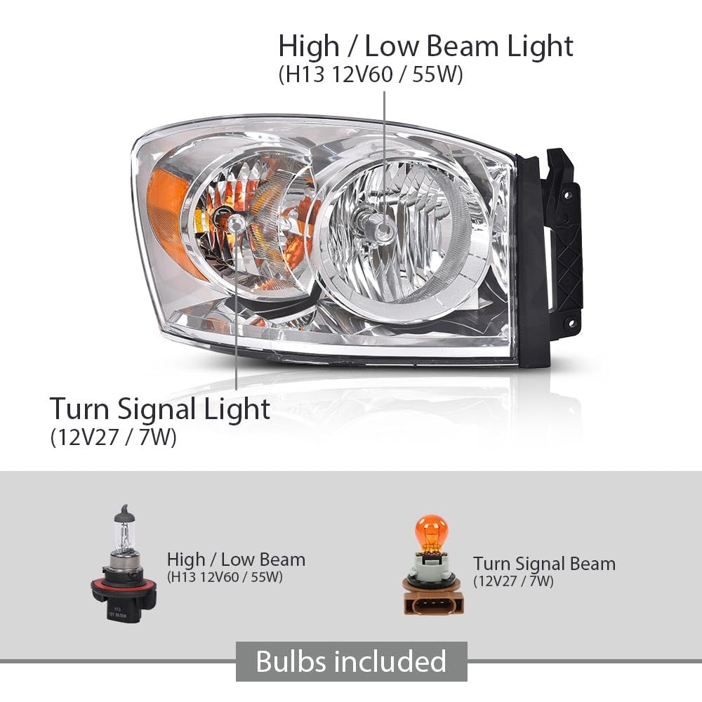 G-PLUS Headlights w/Bulbs Pair Compatible with Dodge Ram 1500 2006-2008/Fit Dodge Ram 2500 3500 2006-2009 68003125AD, 68003124AD, CH2502180, CH2503180 Clear Lens Chrome Housing Amber Reflector
