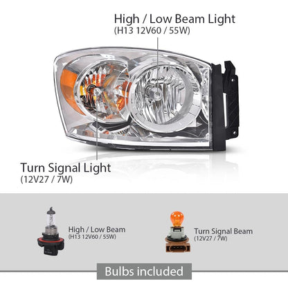 G-PLUS Headlights w/Bulbs Pair Compatible with Dodge Ram 1500 2006-2008/Fit Dodge Ram 2500 3500 2006-2009 68003125AD, 68003124AD, CH2502180, CH2503180 Clear Lens Chrome Housing Amber Reflector