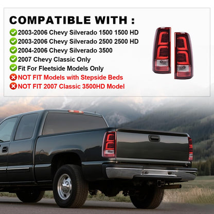 G-PLUS Tail Lights W/Wiring Harness Fit for Chevy Silverado 2003-2006 Driver Left & Passenger Right Red Lens Chrome Housing White light Bar Luces Traseras Rear Brake Lamps Assembly Faros Traseros