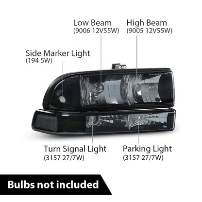 G-PLUS Headlights Corner Bumper Turn Signal w/o Bulbs Fit Chevy Blazer 1998-2005/Fit Chevy S10 Pickup 1998-2004 Smoke Lens Black Housing Clear Reflector Bumper Headlamps,faros delanteros Assembly