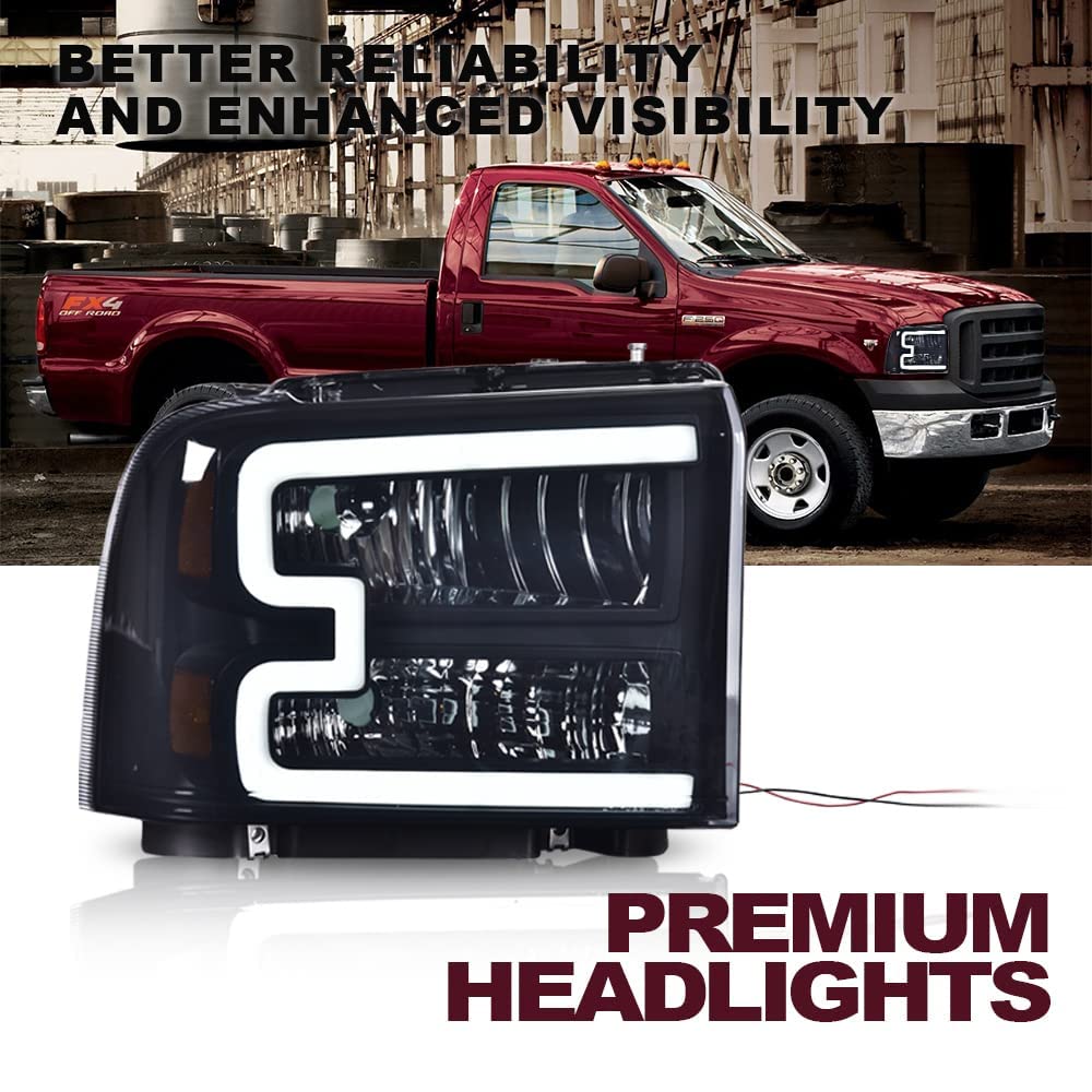 G-PLUS LED DRL Headlights, Compatible with 2005 2006 2007 Ford F250 F350 F450 F550 Super Duty Bumper Headlamps, Smoky Lens Black Housing Amber Reflector,faros delanteros