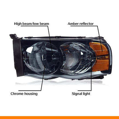 G-PLUS Headlights Assembly, Compatible with 2002 2003 2004 2005 Dodge Ram 1500 2500 3500 Bumper Headlamp, Smoky Lens Chrome Housing Amber Reflector