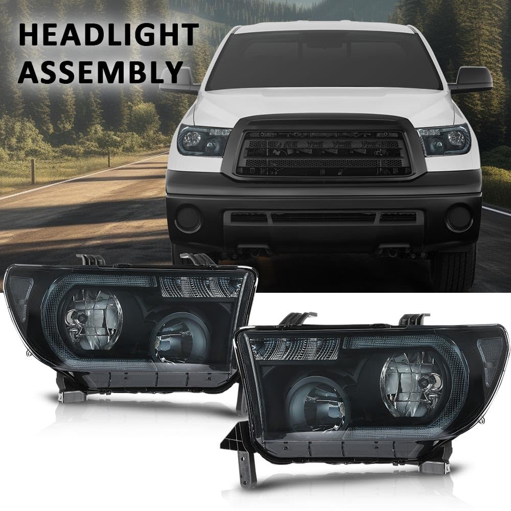 G-PLUS LED DRL Headlights Compatible with Toyota Tundra 2007-2013,Fit Toyota Sequoia 2008-2017 Headlamps Assembly Smoky Lens Black Housing Clear Reflector Left & Right,faros delanteros