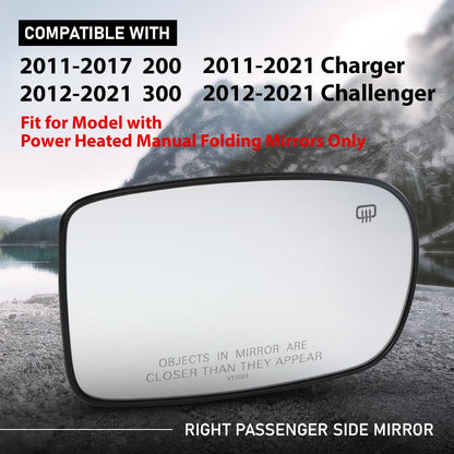 G-PLUS Side Mirror Glass Right Passenger Side Compatible with Chrysler 200 300 2011-2017, Fit Dodge Charger 2011-2021 Fit for Model with Power Heated Manual Folding Mirrors Only
