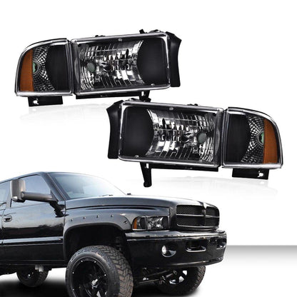 G-PLUS Headlights, Fit 1994-2001 Dodge Ram 1500/1994-2002 Ram 2500 3500,Not fit Ram Sport, Headlamps Clear Lens Black Housing Amber Reflector w/o Bulbs Bumper Headlamps,faros delanteros Assembly