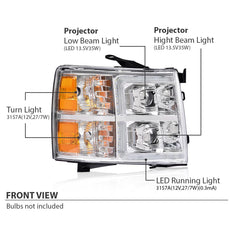 G-PLUS LED Dual Projector Headlights Assembly for Silverado 1500 2500 3500 2007-2014 Chrome Amber Side View
