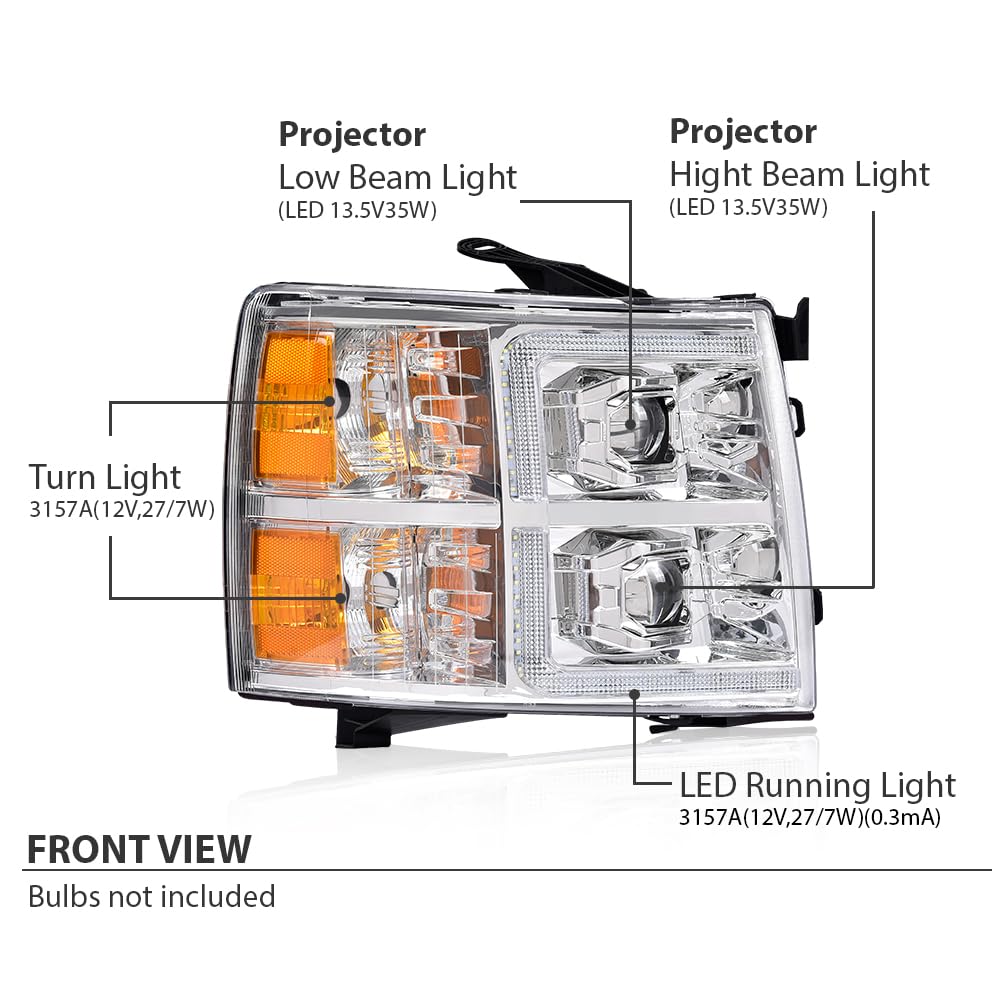 G-PLUS LED Dual Projector Headlights Assembly,Fit Chevy Silverado 1500 2007-2013/Fit 2007-2014 Silverado 2500 3500 & HD, Headlamps w/Bulbs,Clear Lens Chrome Housing Amber Reflector faros delanteros